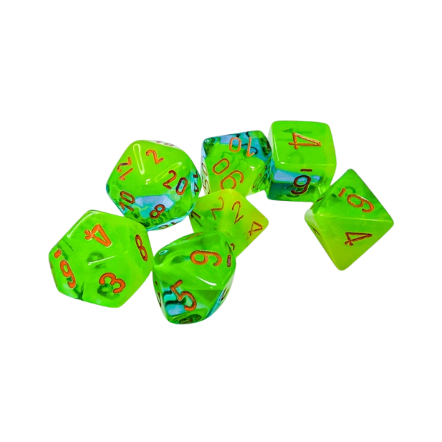 CHX26470 Plasma Green Teal/Orange Gemini 7PC Polyhedral Dice Set