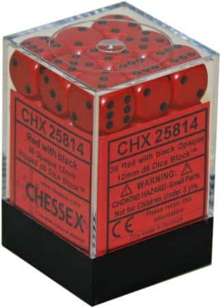 CHX25814 Opaque Red with Black Pips Block of 36 6-sided 12mm Dice image 0