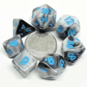Mini Polyhedral Dice Set: Marbled Black and White with Blue Numbers image 0