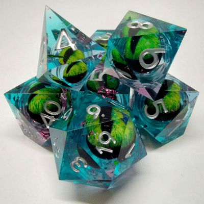 Liquid Core Light Blue and Pink with Pink Foil Dragon Eye 7 Piece Dice Set image 0
