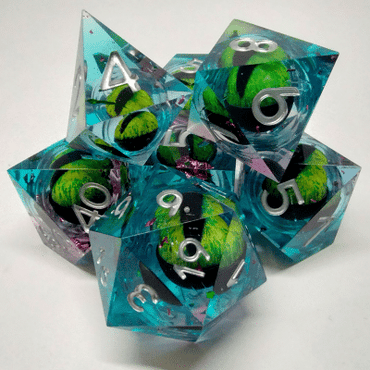 Liquid Core Light Blue and Pink with Pink Foil Dragon Eye 7 Piece Dice Set image 0