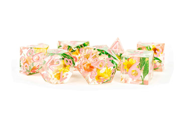 MDG Chrysanthemum with Pink Numbers Sharp Edge Resin 7 Piece Dice Set image 0