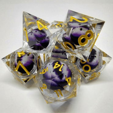 Liquid Core Purple and White Dragon Eye Sharp Edge 7 Piece Dice Set image 0