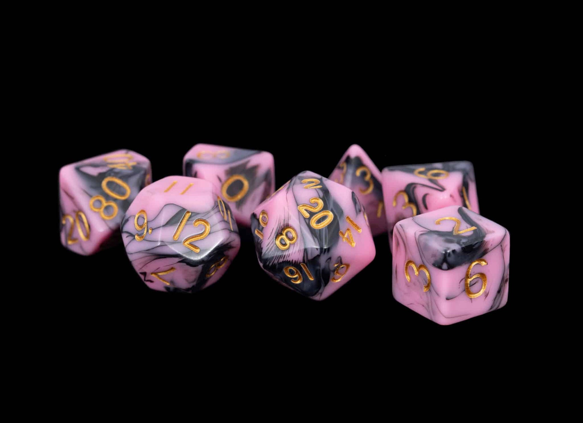 MDG RPG Dice Pink/Black with Gold Enamel Acrylic 7 Piece Set image 0