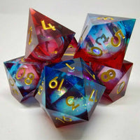 Liquid Core Blue and Red Sharp Edge Resin 7 Piece Dice Set image 0