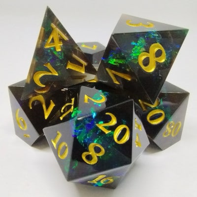 Black and Gold Sharp Edged Shimmering Plasma 7pc Dice Set image 0