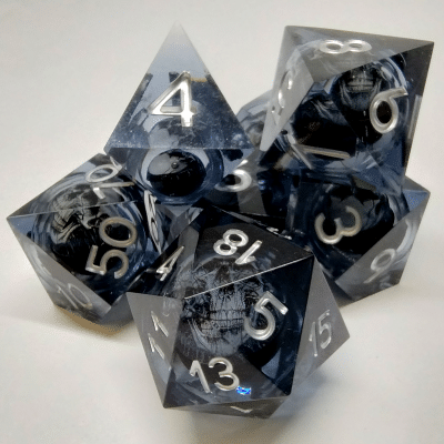 Liquid Core Death's Head Blue with Silver liquid 7p Polyhedral Dice Set image 0