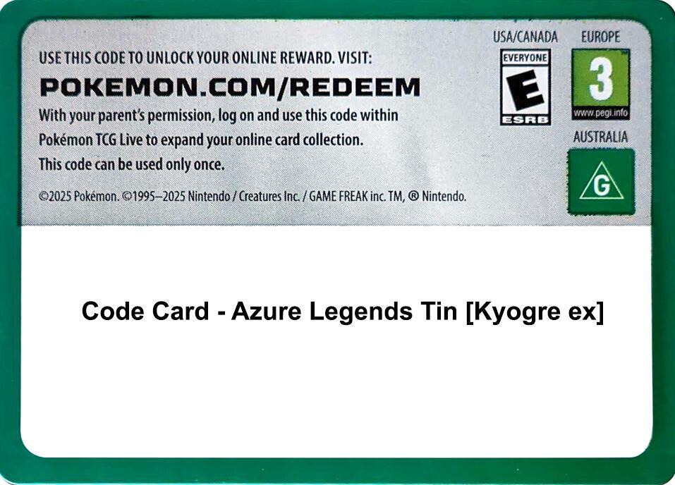 Code Card - Azure Legends Tin [Kyogre ex] [Miscellaneous Cards and Products]