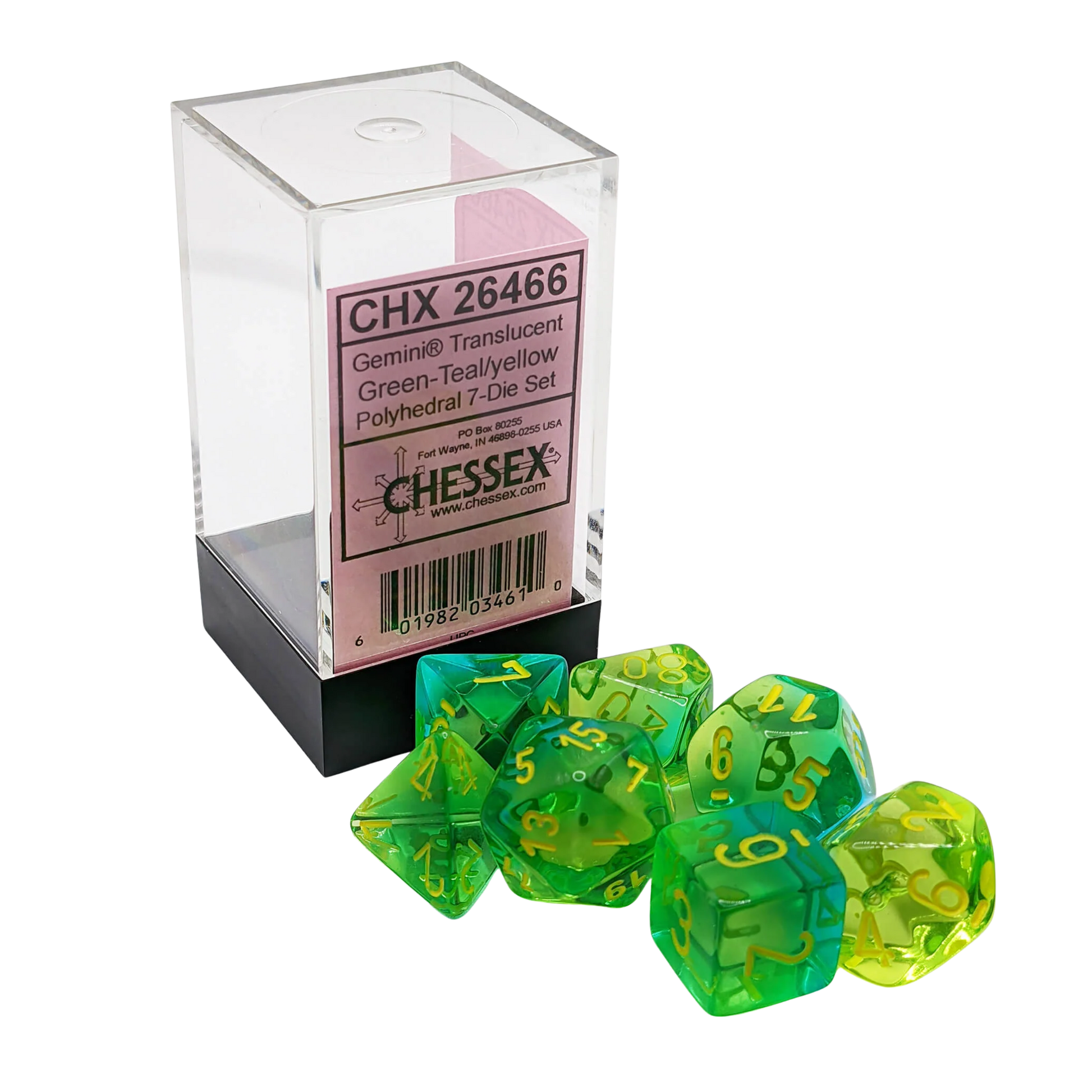 CHX26466 Gemini Translucent GreenTeal with Yellow dice set
