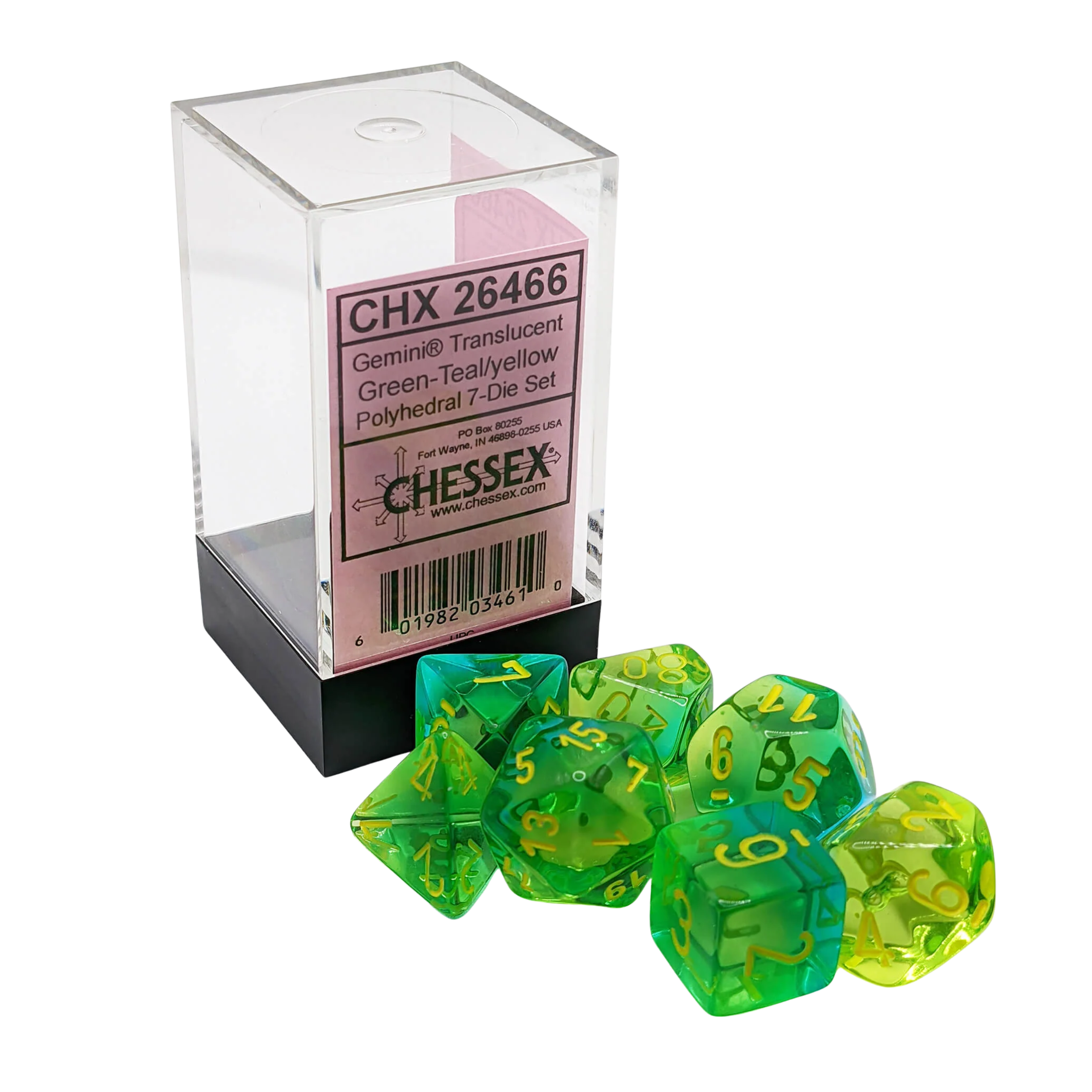 CHX26466 Gemini Translucent GreenTeal with Yellow dice set