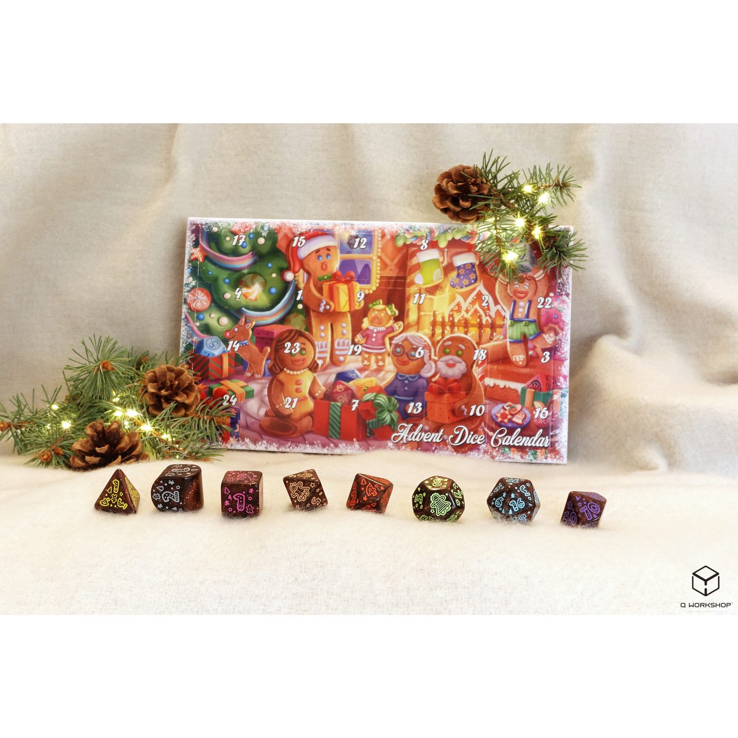 Q-Workshop 2025 Dice Advent Calendar showing guaranteed set of 8 dice