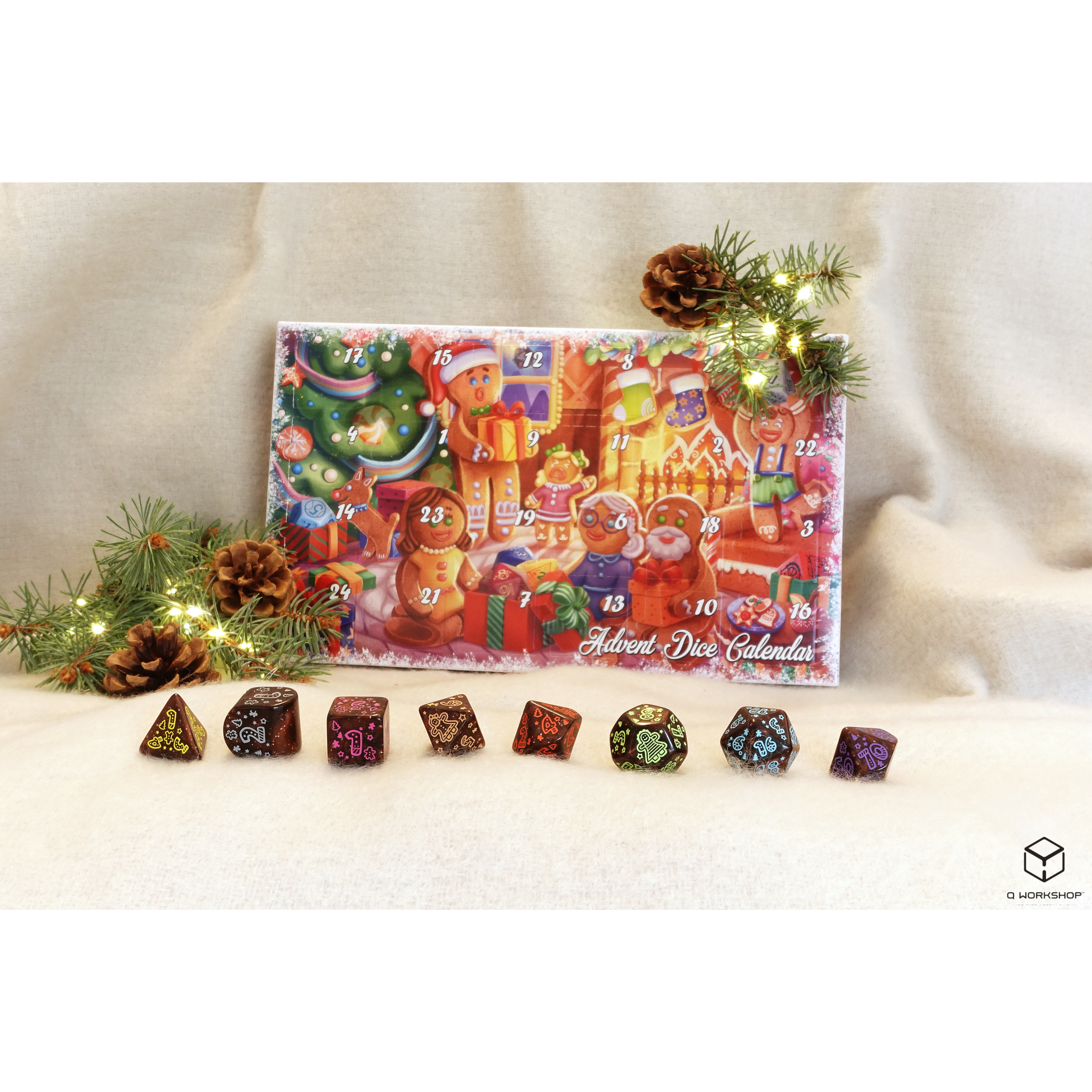 Q-Workshop 2025 Dice Advent Calendar showing guaranteed set of 8 dice