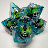 Liquid Core Light Blue and Pink with Pink Foil Dragon Eye 7 Piece Dice Set image 0