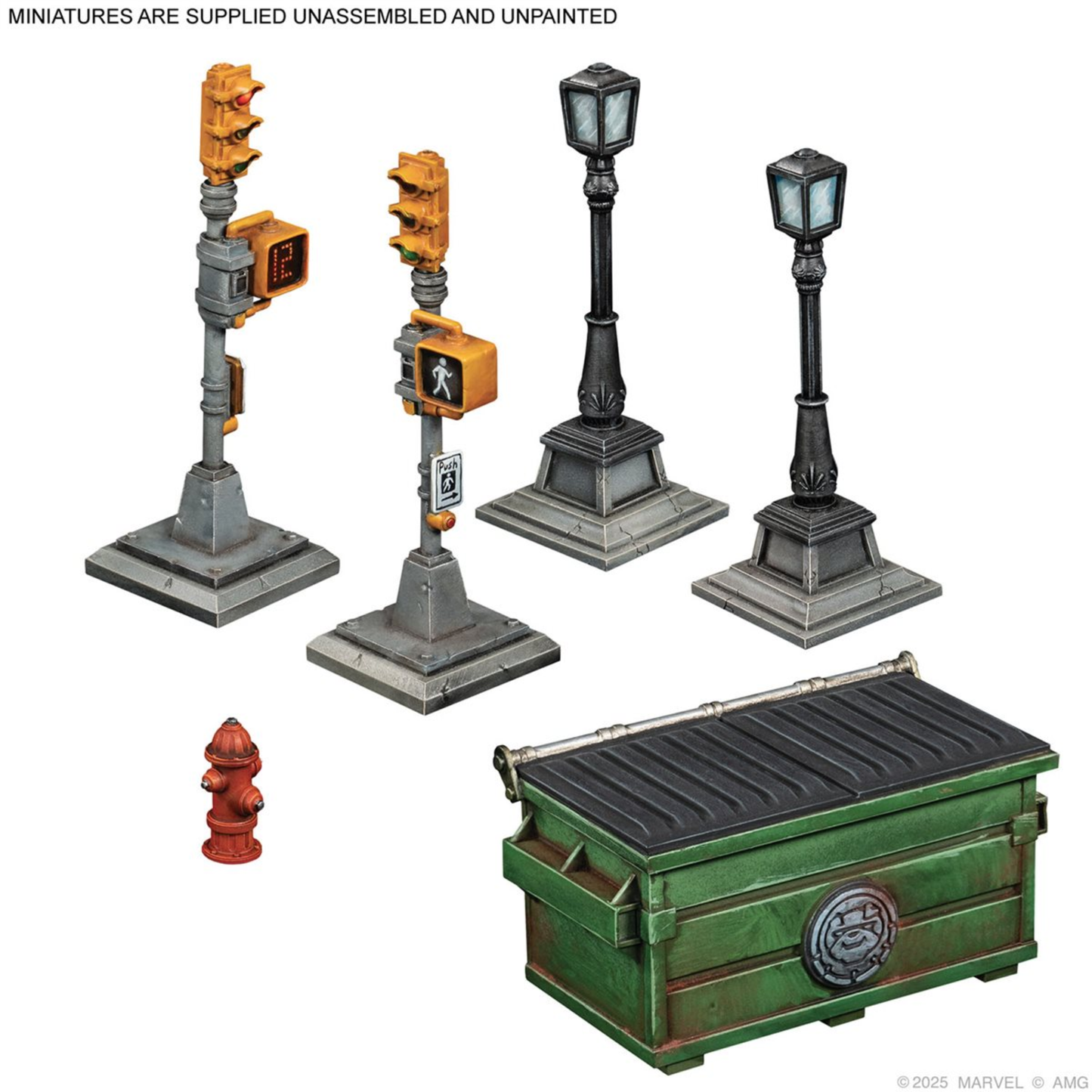 Set of miniature traffic lights, street lamps, and a fire hydrant on a white background.